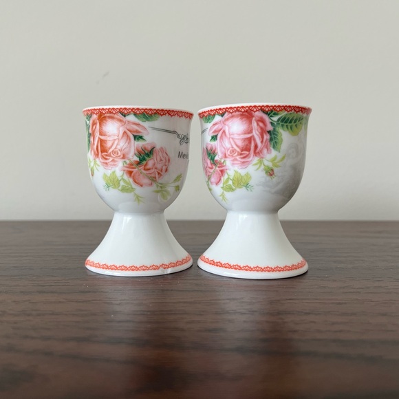 MEVIS LINE Floral Rose Soft Boiled Egg Cups Porcelain Set Of 2 cottage Shabby - Picture 8 of 13
